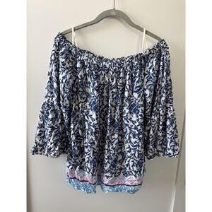 Lilly Pulitzer Women’s S Off Shoulder Top Blue White Floral Boho Peasant Blouse